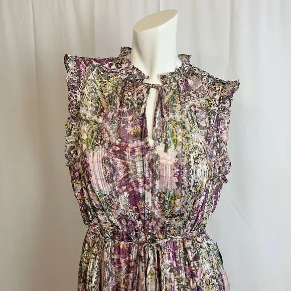 NWT Socialite Metallic Floral Print Tiered Sleeveless Purple Green Dress Size XL - Picture 3 of 7